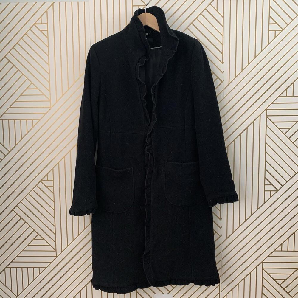 DKNY Wool Cashmere blend ruffle front Clasp peacoat coat jacket black Size 2